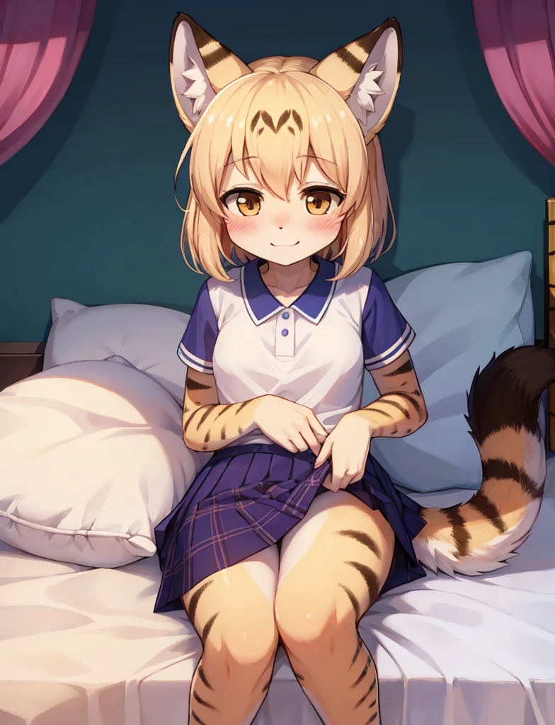 alone, beast wild, fluffy woman, Tigre, Serval ears,, (Maximum details), (light and shadow),Serval tail, SHORT HAIR, pillow background, 穿着school shirt的可爱女孩在枕头上摆姿势, student, school skirt, (deep blues),  school shirt, (white), Nature,, (Blushed),a smile，pillow head,many pillows，soft pads，Canopy bed，Soft pillows，soft pads，Soft pillows，crotch rub，Pillow hump,（Pink pillows），（The love surrounding the protagonist），（steaming hot），（pillow head），（），（Luxury pillows），（Palace pillow pattern pillow），（palace），（palace卧室），（Gorgeous pattern pillow），Soft pillows，，（Classical European style bedroom ），（excited，Shy，Proud，Holding urine，lack of expressiveness，），，lace pillow, trembling,，lust，，trembling，Relax and rest，Four-poster bed，有many pillows,SERVAL PRINT，liquid，流淌的liquid，urine