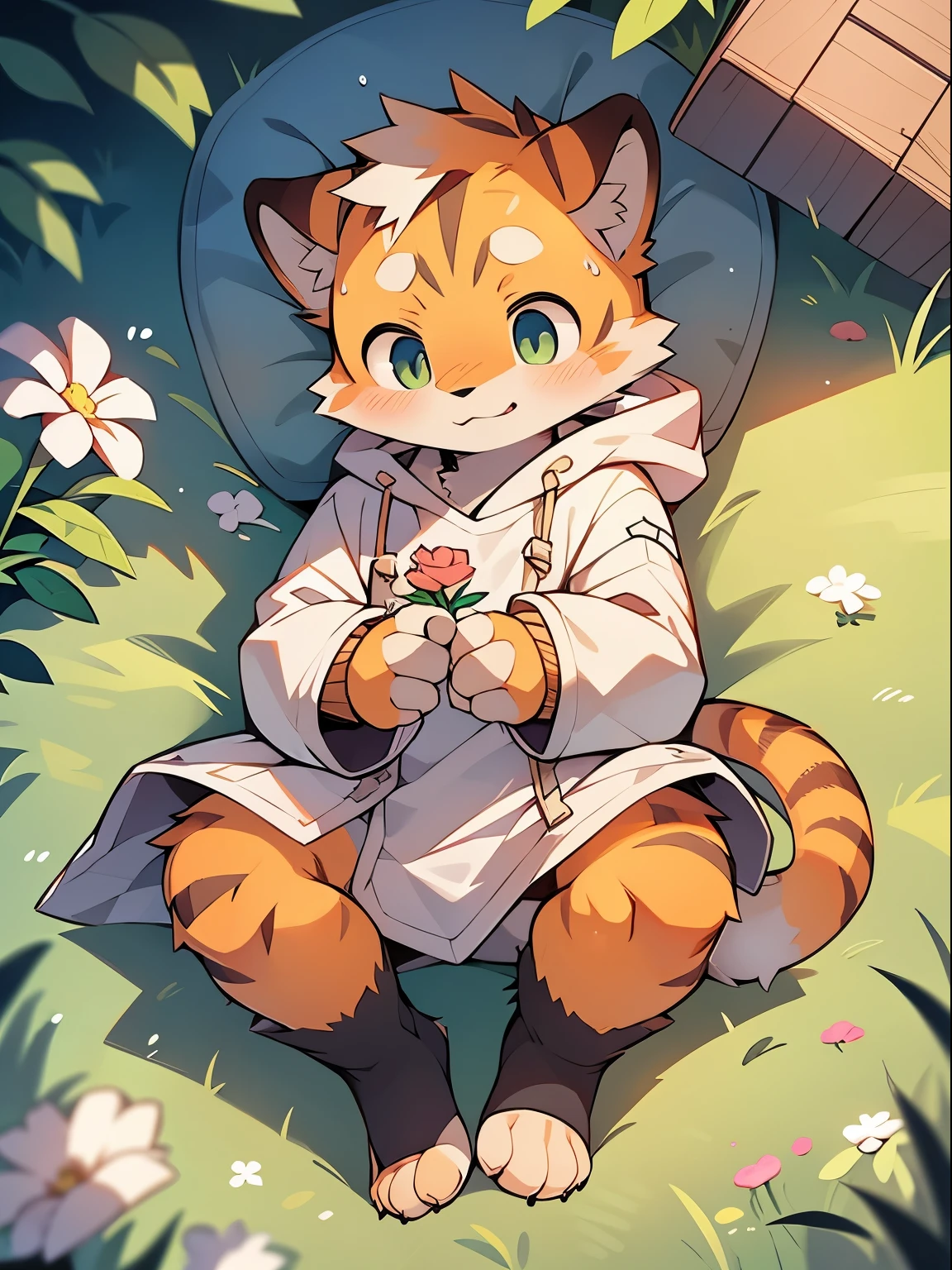 Masterpiece, Best quality, Perfect anatomy, Watery eyes, author:Milk Tiger 1145, author:K0bit0wani, Furry, orange tiger, (Phyllis:0.3), Muscular male, Solo, wears, baggy clothes, wet fur, (Translucent raincoat:1.1), (holding flower:1.1), Lying, bird's eyes view, Grass, rain, Eau, Rained,((Boy,Shota))