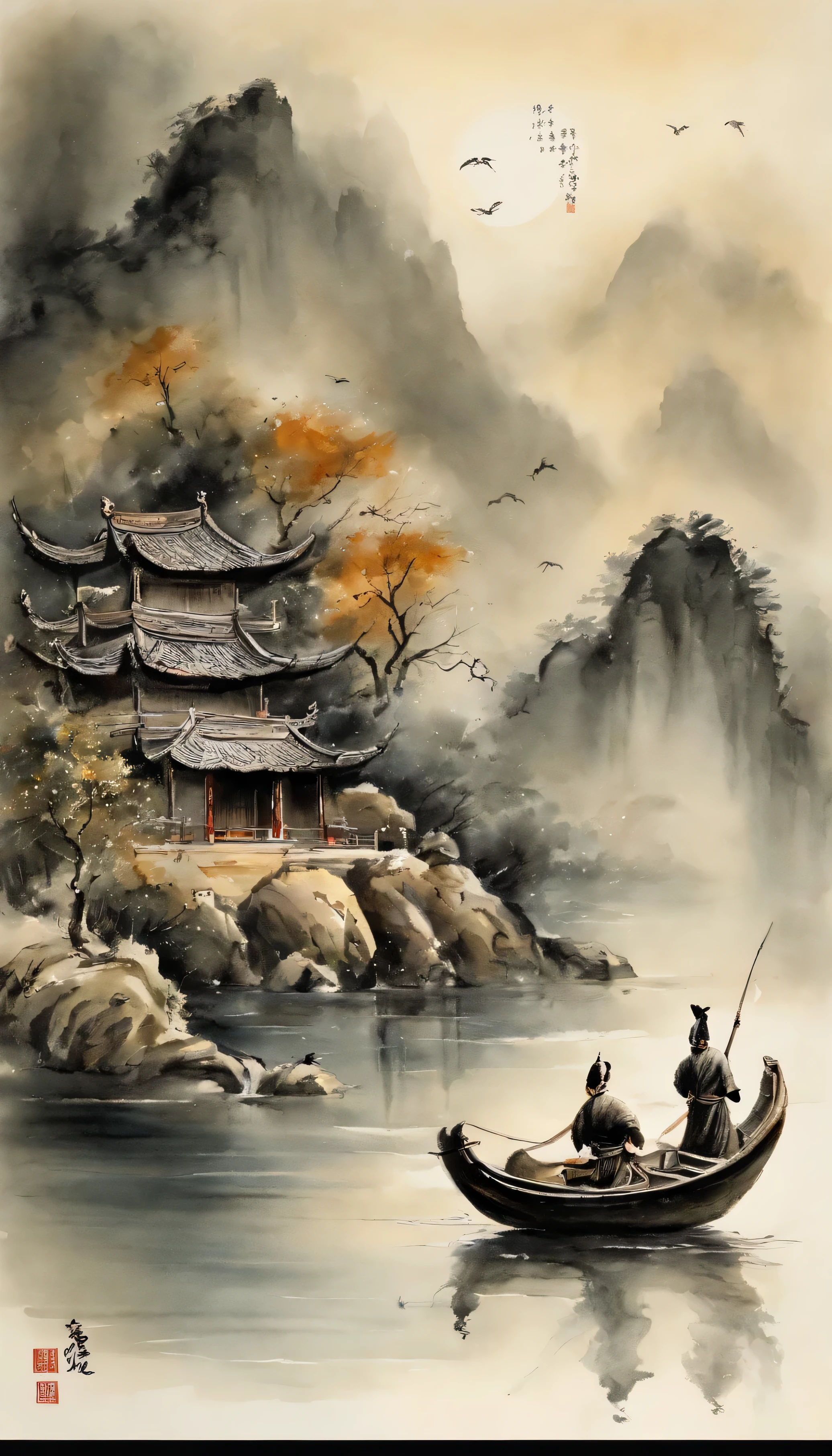Chinese landscape painting,ink and watercolor painting,water ink,ink,Smudge,Faraway view,Ultra-wide viewing angle,Meticulous,low-saturation,Low contrast,Night rendering,nighttime scene,The sea rises and the moon rises,The light boat has crossed the Ten Thousand Heavy Mountains,Moon,small boats,flying birds,Beautifully depicted,A detailed,acurate,Works of masters,tmasterpiece