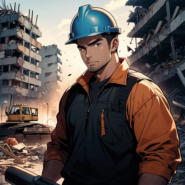 Looking at viewer, black eyes, figure holding a large hammer, ultra realistic capture, high definition, high resolution 16K human skin close-ups. Skin should be healthy and even in tone. Natural light and colors shall be used. In front of heavy equipment, Japanese, 50s, (building demolition site: 1.3), uncle, black GI cut, construction worker, ((construction safety helmet: 1.1)), (dirty work clothes: 1.1)), stubble, rugger man body type,