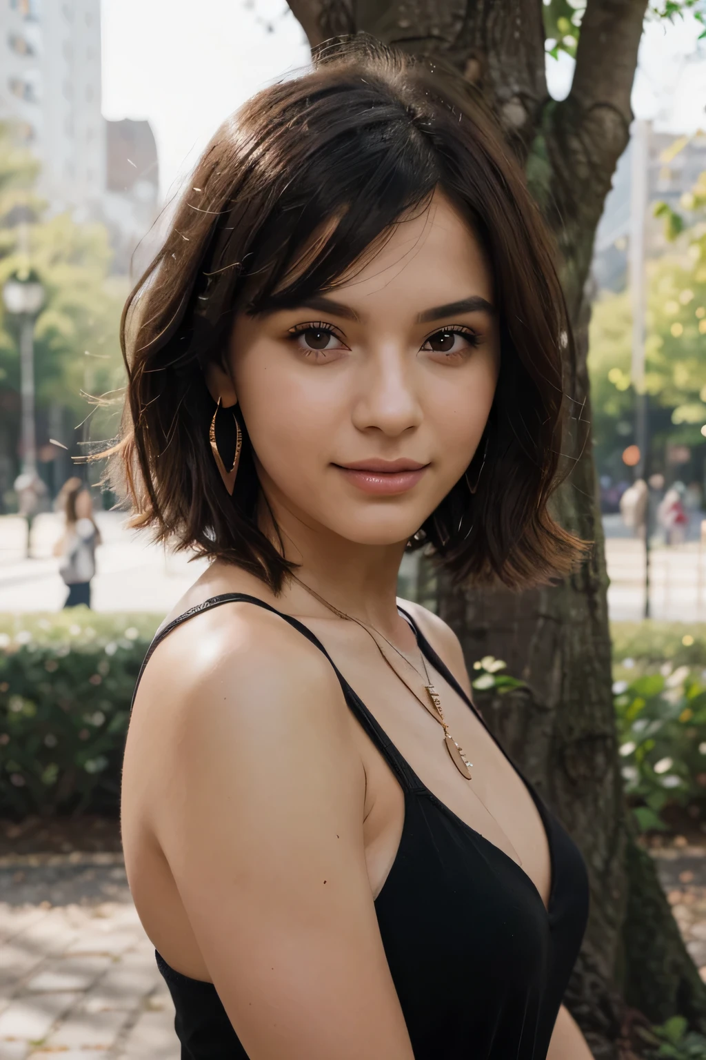 (short hair woman), (she stand in a park), best quality, masterpiece, illustration, very delicate and beautiful, very detailed skin, CG, Unity, 8K wallpapers, amazing, fine detail, huge file size, high resolution, handsome detailed woman, very detailed eyes and face, Stunning detailed eyes, light on the face, (Best illustration: 1.1), (best shadow: 1.1), ultra high resolution, (photorealistic: 1.1), (photorealistic 1.2:1.1), realistic face proportions,slim,smile,(fluffy black eyes: 1.21), black eyes, looking at the viewer, dark brown hair, earrings, necklaces, hairpins, full body shots, (sunny day park background: 1.2), (bokeh: 1.4)