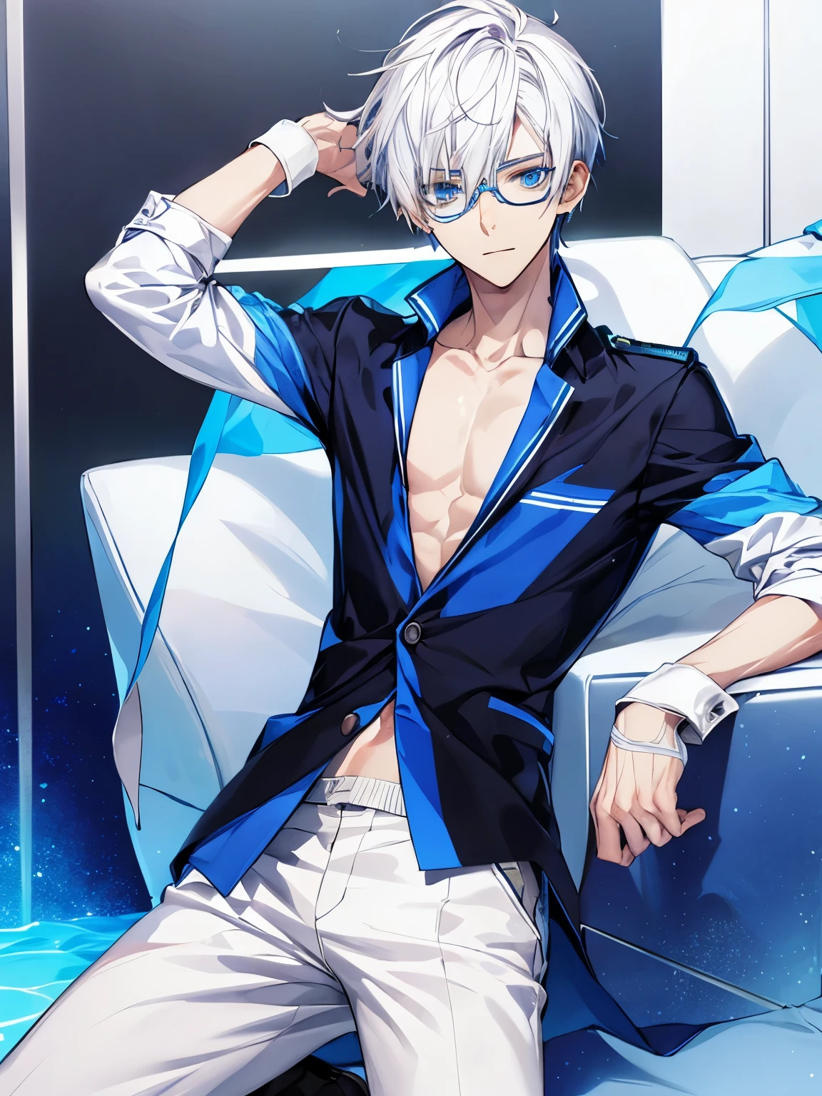 A slim male teenager with white hair and blue eyes, glasses, hot