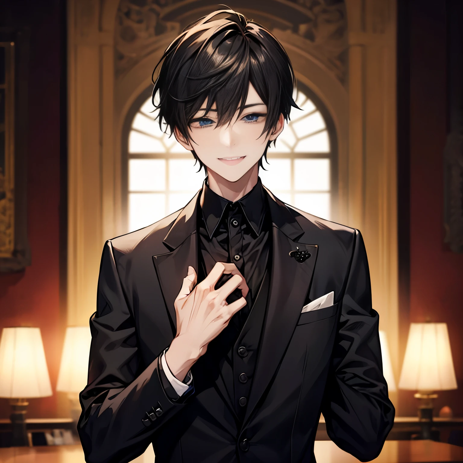 1 boy、black suit、restaurant、smile、looking at the camera