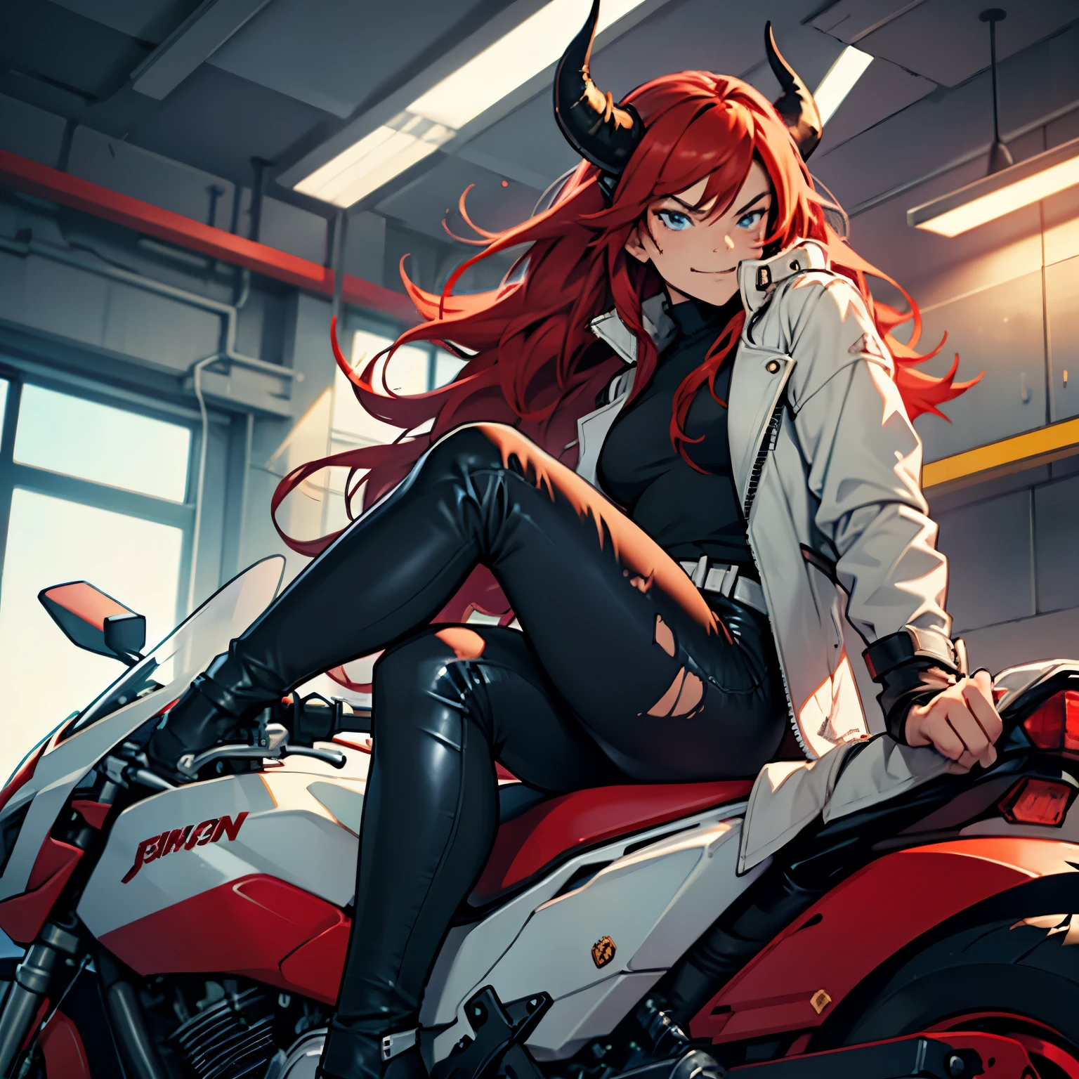 1 girl, smug-faced, embarrassed, wearing a leather coat, demon horns and tail, red hair, light blue eyes, wearing torn pants, sitting in a motorbike, long hair, thick tights