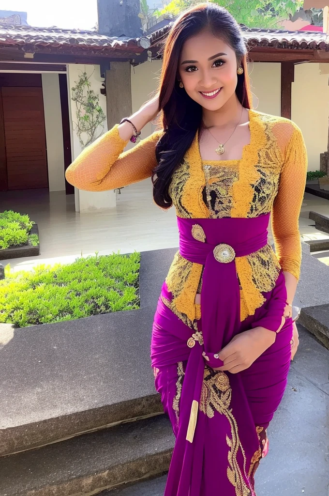 (Best quality, high resolution, Masterpiece: 1.3), a beautiful woman with a slender figure, (dark brown layered hairstyle), wearing a pendant, ((kebaya_bali)) outdoors, scenic beauty, Buleleng city background, details in face and skin texture beautifully rendered, details eyes, (best quality, high resolution, masterpiece: 1.3), a beautiful woman with a slim figure, (dark brown layered hairstyle),((kebaya_bali)), outdoors, Buleleng city background, details in face and skin texture beautifully rendered, detail eyes, double eyelids, seductive laugh, feminine laugh, seductive pose