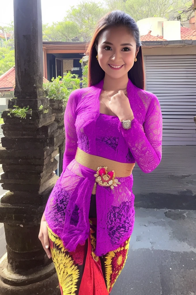 (Best quality, high resolution, Masterpiece: 1.3), a beautiful woman with a slender figure, (dark brown layered hairstyle), wearing a pendant, ((kebaya_bali)) outdoors, scenic beauty, Buleleng city background, details in face and skin texture beautifully rendered, details eyes, (best quality, high resolution, masterpiece: 1.3), a beautiful woman with a slim figure, (dark brown layered hairstyle),((kebaya_bali)), outdoors, Buleleng city background, details in face and skin texture beautifully rendered, detail eyes, double eyelids, seductive laugh, feminine laugh, seductive pose