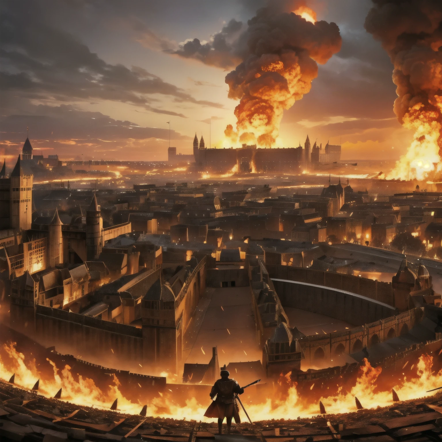 A warrior stands in the middle、Great wars of medieval Europe、the city is engulfed in flames、revolution、army、destroyed palace、destroyed castle、battle between aristocrats and soldiers