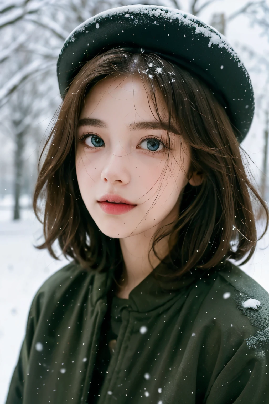 (best quality,4K,high resolution,masterpiece:1.4),Super detailed,Very detailed,sharp focus,Surreal:1.4,professional,HD images,bright colors,Bokeh,Beautiful and delicate eyes,Beautiful and delicate lips,long eyelashes,Romantic atmosphere,soft light,Contrast light and shadow,Lighting effects,high nose bridge,high nose,Yamane,young,Lively,Chubby cheeks,charming,graceful curves,Brown hair,full,The streets of Moscow,European girl,Snowing day,Kremlin background,Wearing a red star cotton hat,Olive green military uniform