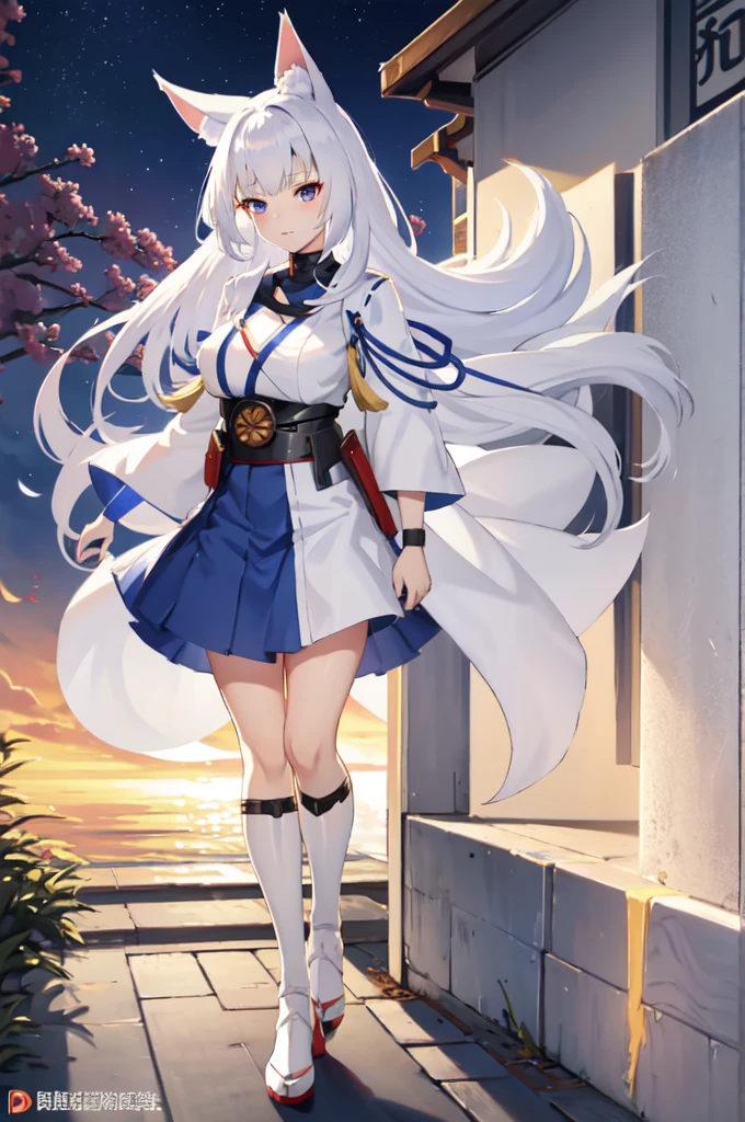 Azur Lane Kaga, 1 girl, anime girl with white hair and blue dress holding a sword, white - haired fox, white fox anime, fox nobushi, white fox, vampire white fox, azur lane style, official character art, kemono, white cat girl, art of kirokaze pixel, ahri, onmyoji, characters from azur lane, official character illustration