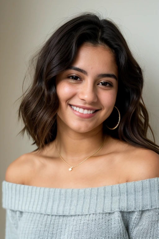 ((Mejor calidad)), ((obra maestra)), (detallado), cara perfecta, mandy kay, sonriente, off-shoulder sweater, cabello rizado, 18 years old, looking to the camera,primera plana, mirando de costado