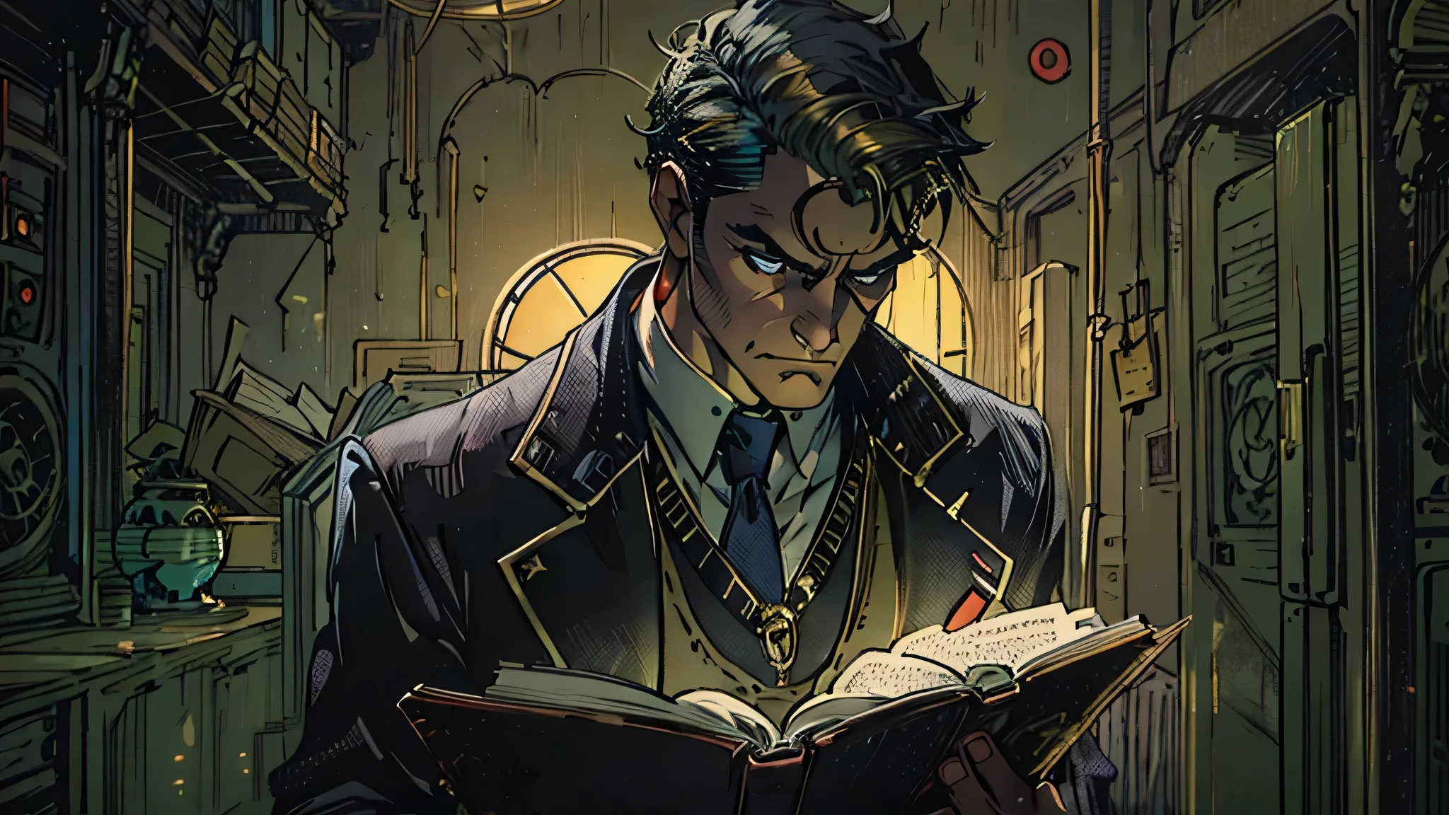 a detective in a suit holding an open book in his hand, the lighting is very dim and only highlights dark details, accentuating the feeling of desolation and mystery. The scene must convey a tense and unpleasant atmosphere, com destaque para o elemento central: A pessoa segurando o livro.