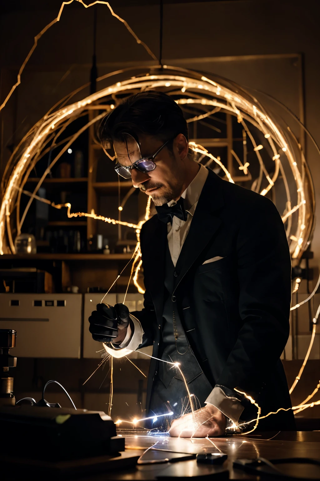 Nikola Tesla with short moustache,wearing googles,working on electricity in his laboratory,hands holding a sparking Tesla coil,head device with electrodes,mesmerized by the electric currents,lights flickering in the background,shadowy silhouette of laboratory equipment,humming sound of high voltage,currents of electricity flowing through the air,blue and purple hues illuminating the room,sparks dancing in the air and creating a mesmerizing spectacle,meticulously detailed lab coat with intricate stitching,scientific instruments with glowing dials and buttons,historical setting with vintage furniture and antique equipment,a hint of excitement and anticipation in Nikola Tesla's eyes,vibrant and dynamic atmosphere in the laboratory,scientific diagrams and equations covering the walls,crackling energy creating an otherworldly ambiance,powerful bursts of electricity illuminating the scene with a dazzling brightness.
