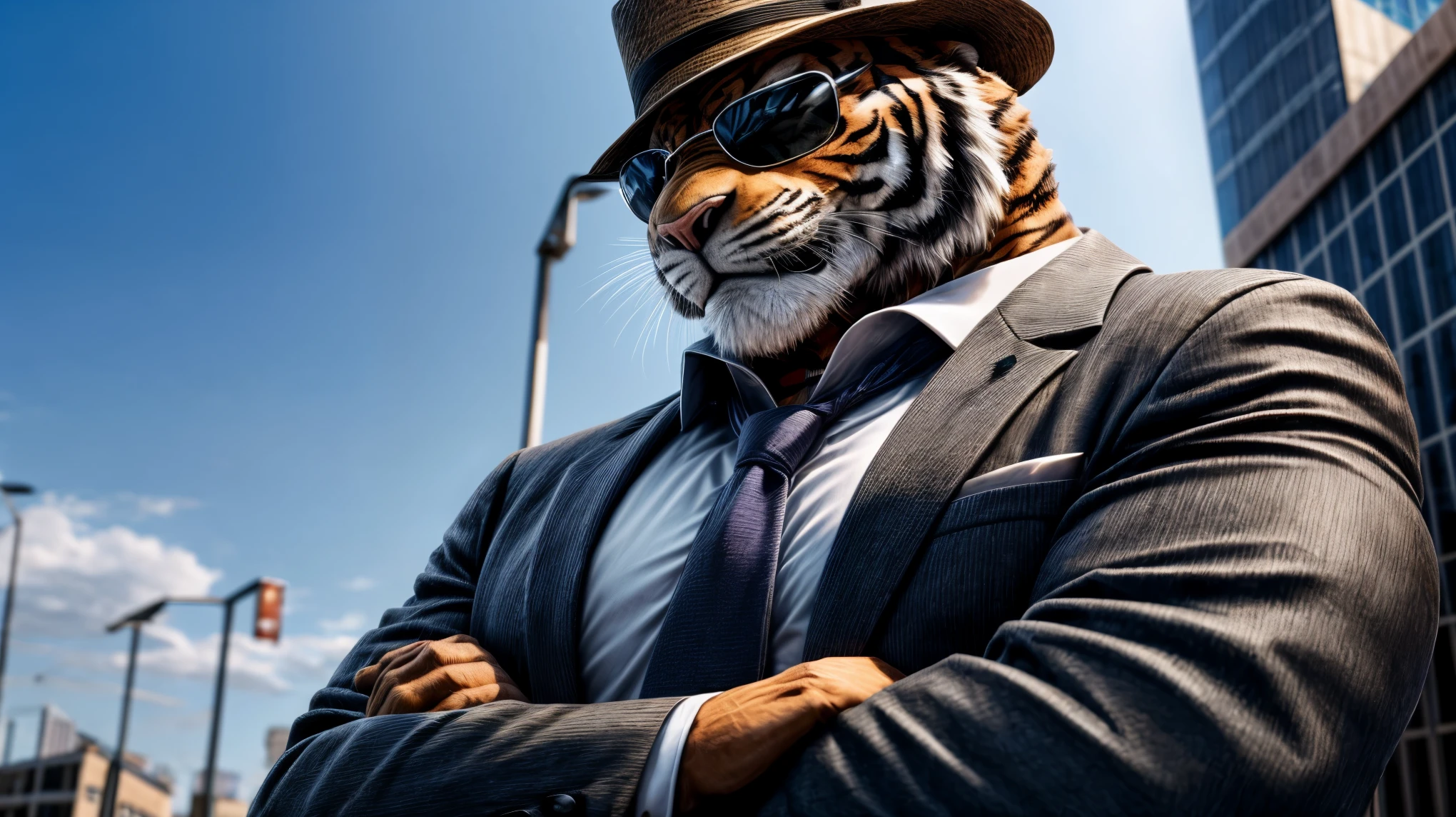 Male tiger, loan shark suit with tie, fedora, sunglasses, he is a loan shark, crossed arms, extremely detailed, high quality, 4K, 8K, HDR