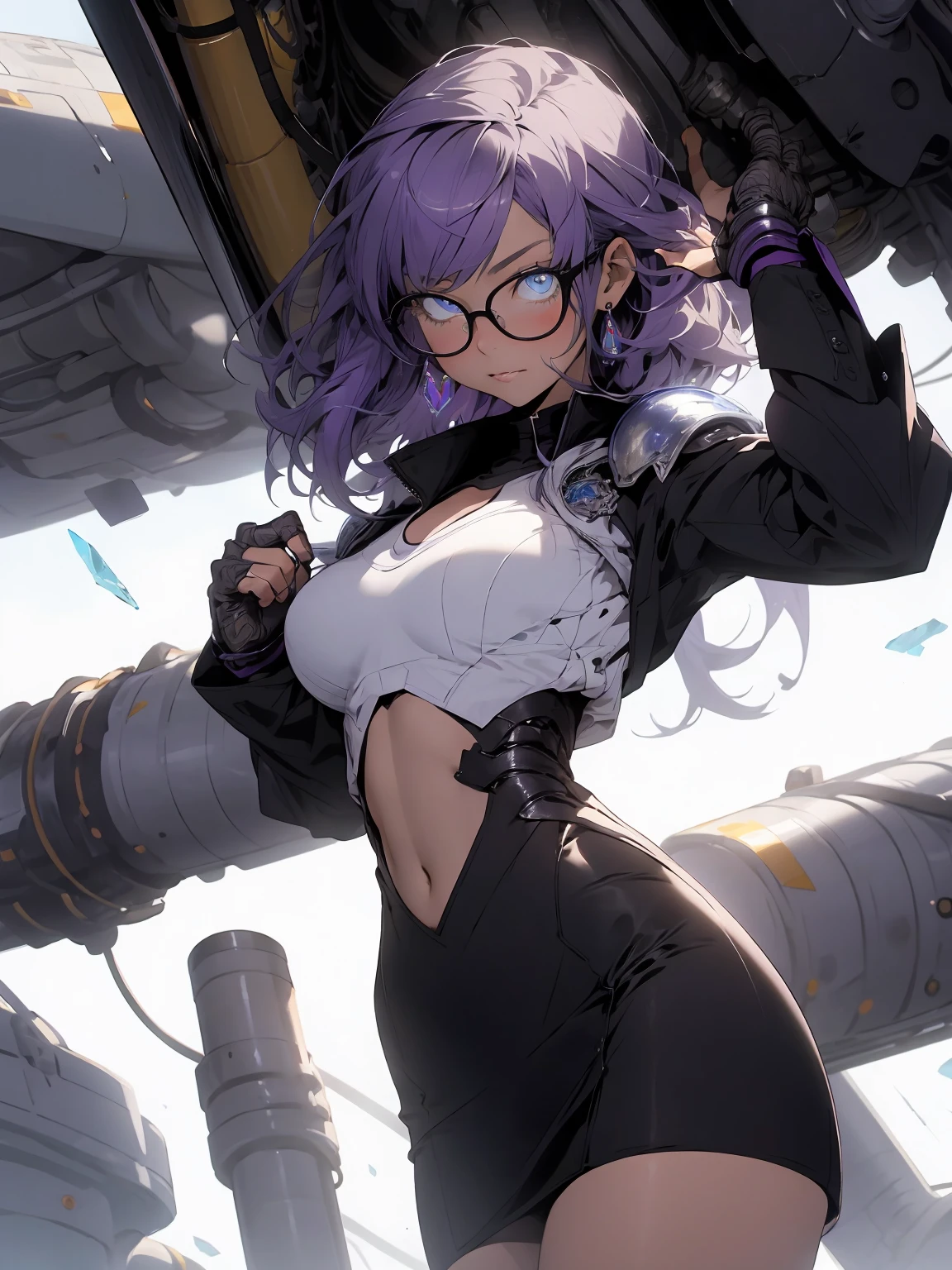 from below, standing open legs, arms crossed, cute beautiful cool woman, black glasses, anime, manga, illustration, fantasy, light blue sexy bra and panties, black knee-high socks, white open-chested cardigan, black flare miniskirt, high heels, white silver glossy flowing layered long bob cut, sparkling glossy blue big eyes, glossy red lips, huge breasts, abs, great proportion, full body, background brilliant gold and rainbow colors Magic Circle, high resolution, best quality, very high image quality, ultra detailed, hyper realistic