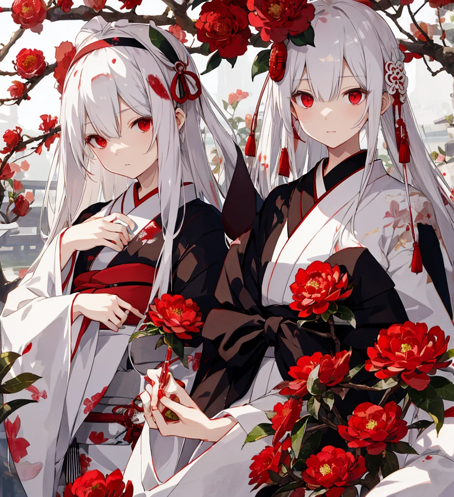 Japanese camellia, red camelia, white hair, red eyes, blood, Traditional Japanese headband, 