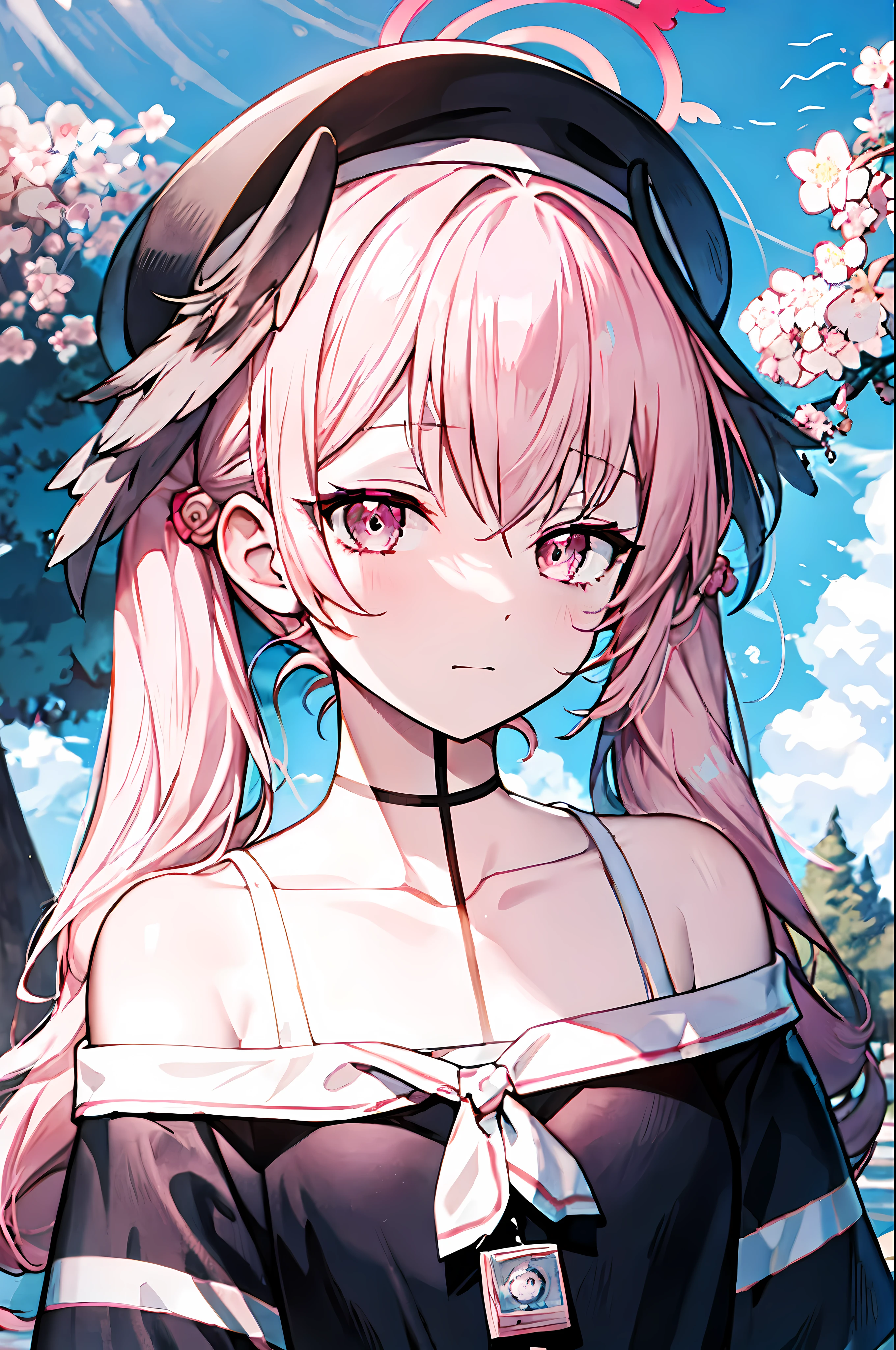 detailed, (masterpiece:1.2), (pale_skin), (solo:1.2), (female), (emphasis lines:1.3), slender, (pink_hair), outdoors, sky, collarbone, pink_eyes, bracelets, (averting_eyes:1.3), (off_shoulder), park, trees, halo, cap, hat, twin_tails