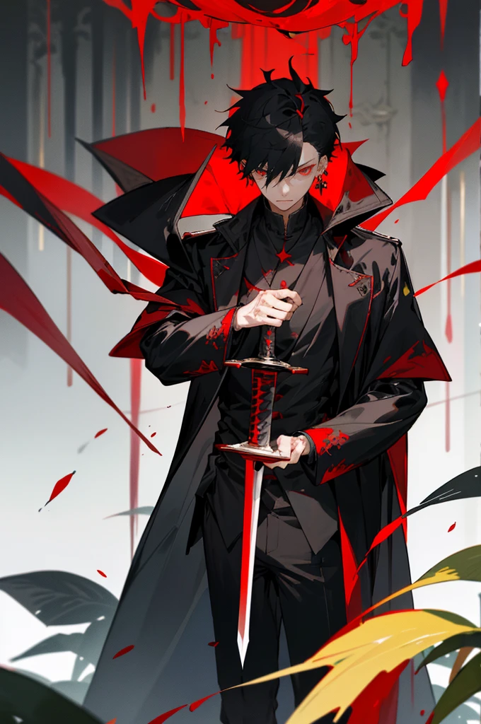 (masterpiece, best quality), black short hair, plant, looking at viewer, red eyes, Sharp eyes, red sword, black coat, long sleeves, indoors, solo focus, standing, 1man, 25 years old, jewelry, earrings, open clothes