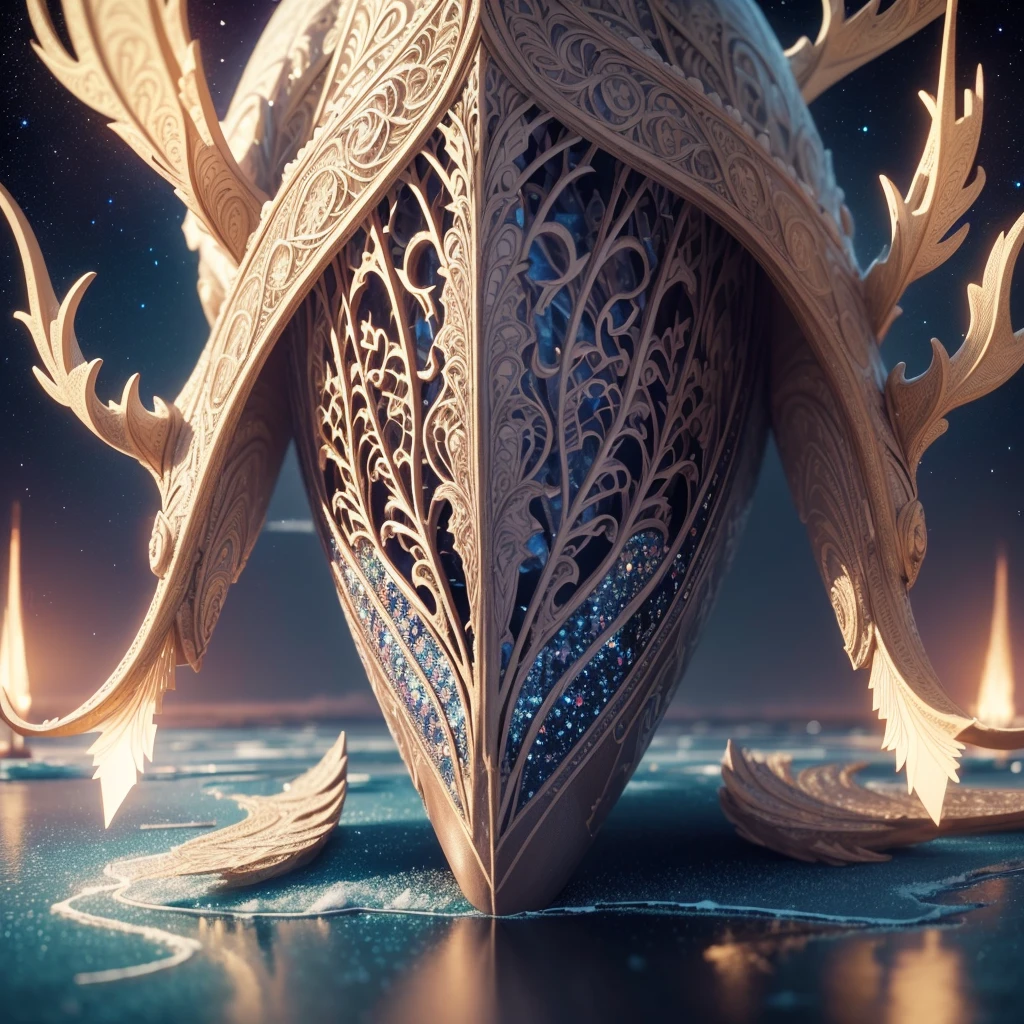 (A masterpiece with resolutions up to 16K), best quality,(((intricate details:1.4))), (((Extremely crazy details:1.4))),(Quality of 16k Unified Highly Detailed CG wallpaper),(Soft Colors 16k Highly Detailed Digital Art),super detailed. | stunning reflection, The best reflection ever, (Glitter), (particle effects), Isometric 3D, octane rendering, laser tracing. Frozen lake in Lapland at night in the middle of winter，a frozen lake with dim light，the night sky is filled with splendid with the breathtaking Northern Lights reflecting on the frozen lake surface, many colors，a shooting star can be seen, dense forest frozen, a magnificent reindeer with its imposing antlers reflected in the frozen lake