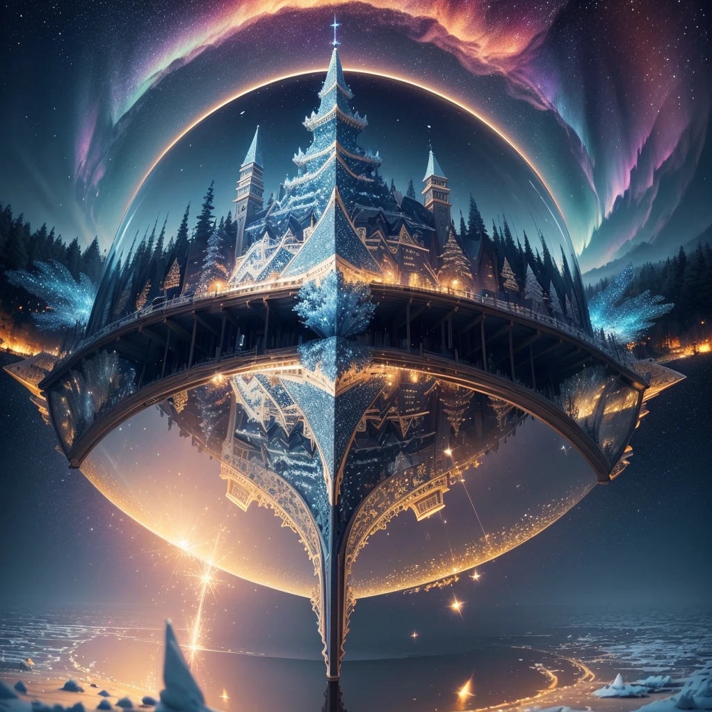 (A masterpiece with resolutions up to 16K), best quality,(((intricate details:1.4))), (((Extremely crazy details:1.4))),(Quality of 16k Unified Highly Detailed CG wallpaper),(Soft Colors 16k Highly Detailed Digital Art),super detailed. | stunning reflection, The best reflection ever, (Glitter), (particle effects), Isometric 3D, octane rendering, laser tracing. Frozen lake in Lapland at night in the middle of winter,a frozen lake with dim light,the night sky is filled with splendid with the breathtaking Northern Lights reflecting on the frozen lake surface, many colors,a shooting star can be seen, dense forest frozen, a magnificent reindeer with its imposing antlers reflected in the frozen lake