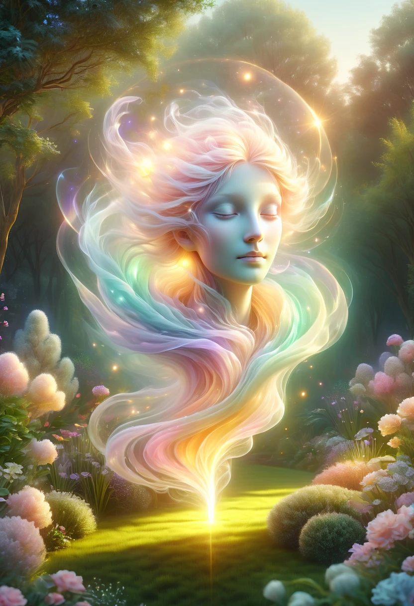 pastel tones,Light style,cozy calm,nature,warm and comfortable,garden,hyper detailed masterpiece, dynamic, awesome quality,floating oversized ethereal light DonMW15pXL