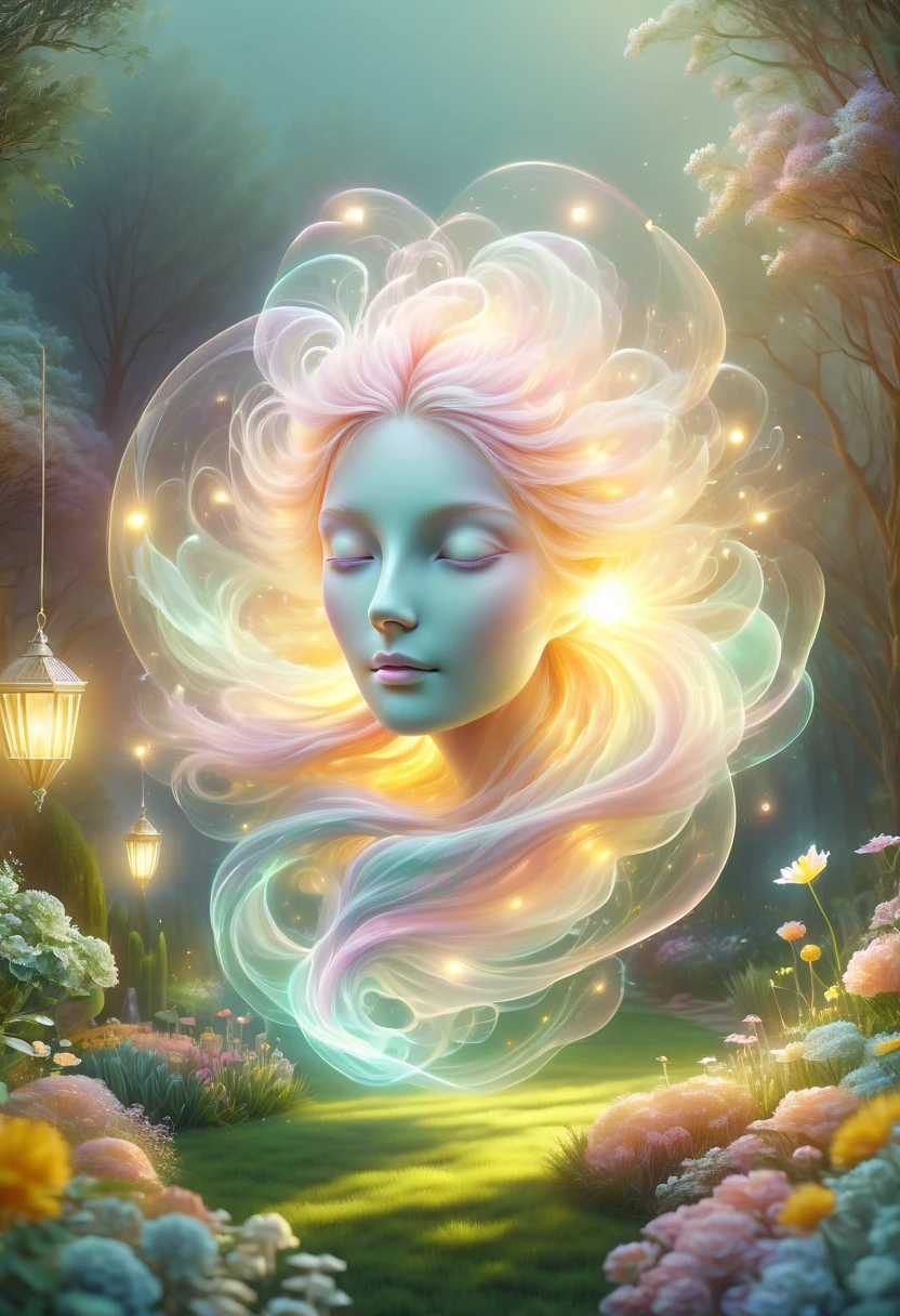 pastel tones，Light style，cozy calm，nature，warm and comfortable，garden，hyper detailed masterpiece, dynamic, awesome quality,floating oversized ethereal light DonMW15pXL  