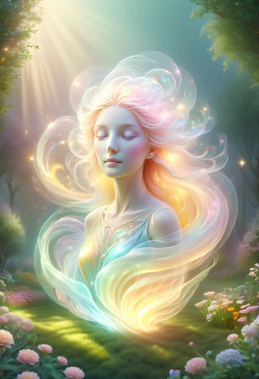 pastel tones,Light style,cozy calm,nature,warm and comfortable,garden,hyper detailed masterpiece, dynamic, awesome quality,floating oversized ethereal light DonMW15pXL