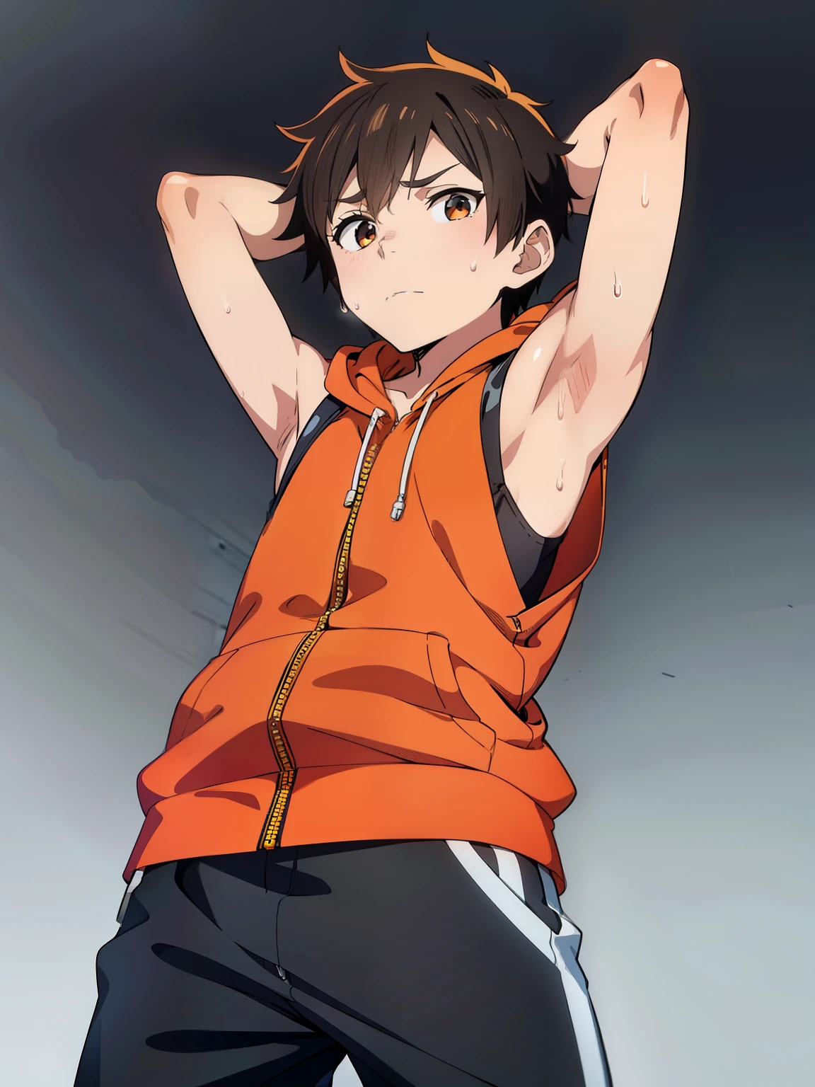 Highres, Masterpiece, Best quality at best,Best Quality,hight quality, hight detailed, 1boy, Shota, Orange hoodie with red stripes, Seen from below, Sleeveless hoodie, open zipper, (very small and short stature), (very young boy), (very small and short body), -yeld bo (Showing armpit:1.3), hansome, Sweat