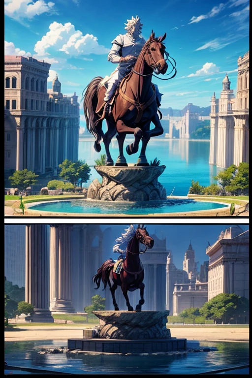Anime scene of a statue of a man riding a horse in front of a lake, colossal dragon in background, guardian of the holy lake, Today's featured anime stills, screenshot from the anime film, screenshot from a 2012s anime, anime movie screenshot, ruins in the background, anime scene, Anime screencap, in the anime film