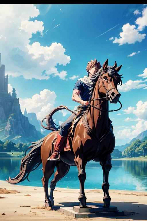 Anime scene of a statue of a man riding a horse in front of a lake, colossal dragon in background, guardian of the holy lake, Today's featured anime stills, screenshot from the anime film, screenshot from a 2012s anime, anime movie screenshot, ruins in the background, anime scene, Anime screencap, in the anime film