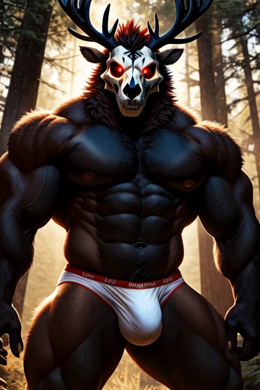 Wendigo, muscular, male, furry, anthro, Forest background, nice lighting, wearing white underwear. Antlers, 4k, 8k. Detailed Body. Skull head. Relaxed pose. Nice very huge bulge. Sunlight. Detailed Bright glowing red pupils. Brown fur. Sexy pose. Buff. Manly pose.