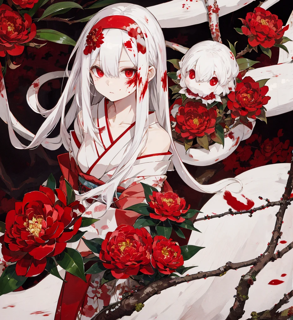 Japanese camellia, red camelia, white hair, red eyes, blood, Traditional Japanese headband, 