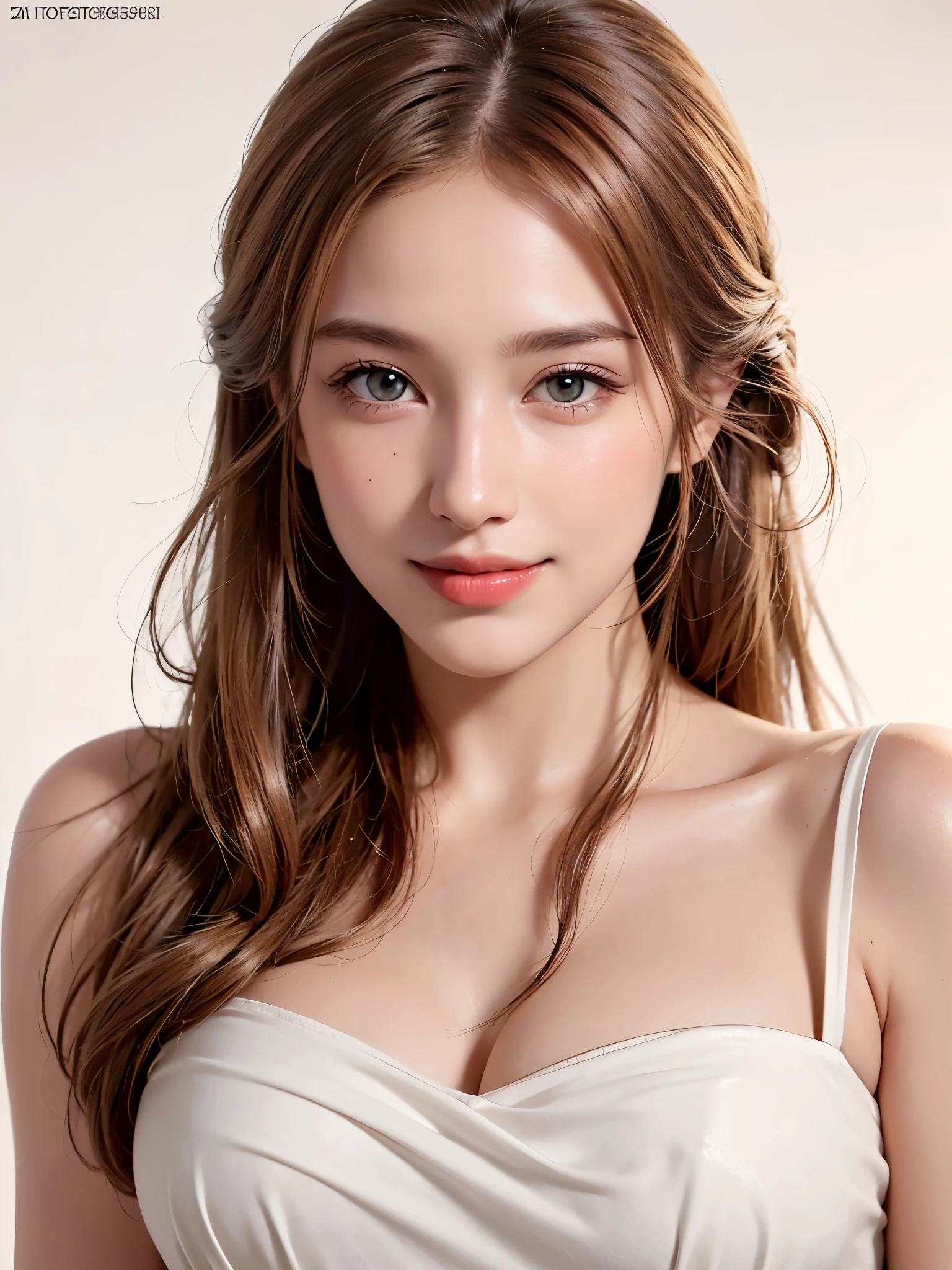 8k, (((smile)), 30 years old, View viewer, (((Attractive face)), Beautiful chiffon clothes, Ultra high quality, (Body from waist up)), Photo realistic, Beautiful face and eyes in every detail, (chestnut hair),One piece, (White marble background), Top quality, Very delicate and beautiful, High quality, Real, Fantasy, Real skin, Full color, Top quality, Very delicate and beautiful, Raw Photo Details, Professional Photography, Solo, Beautiful Lips, Top Quality, Real Skin, Full Color, Raw Photo Details, Realistic Photo