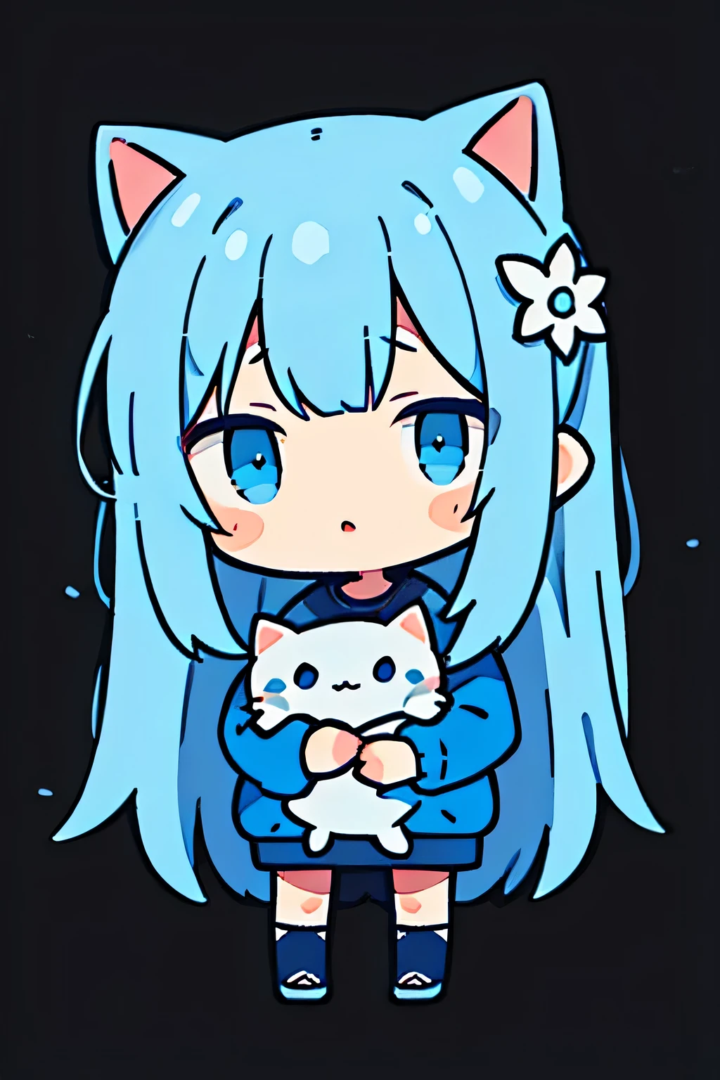 This is an illustration，Depicts an anime style girl。She has blue hair and blue eyes，Wearing blue jeans and black shoes。In her hands she holds a white kitten，There are several kittens playing around。The background is light blue，Scattered with flowers of various colors，Gives people a dreamy and warm feeling