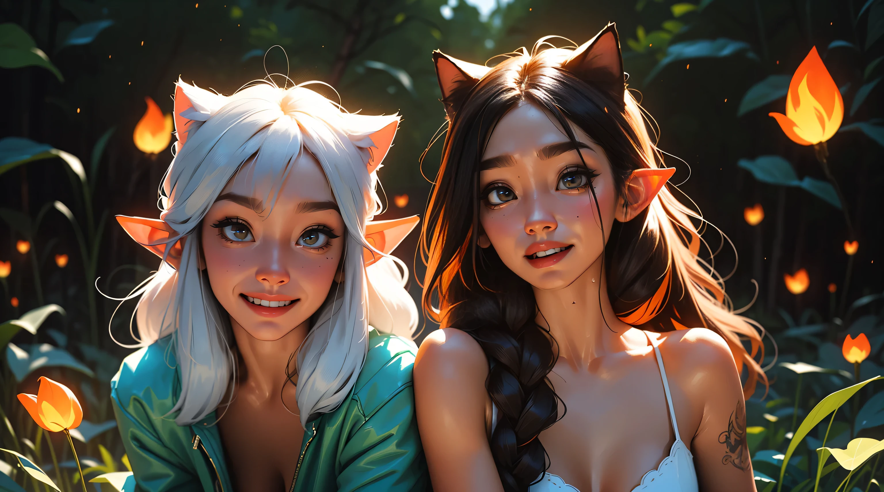 2 elf girls, 19 years old, multicolor hair, long braids, cat ears, sunset, fireflies, extreme abs, cute face, smiling, naked, nude, tattoos, fluorescent, magical scene, beautiful, fashion, splash of color, paint splatter, rainbow lights,