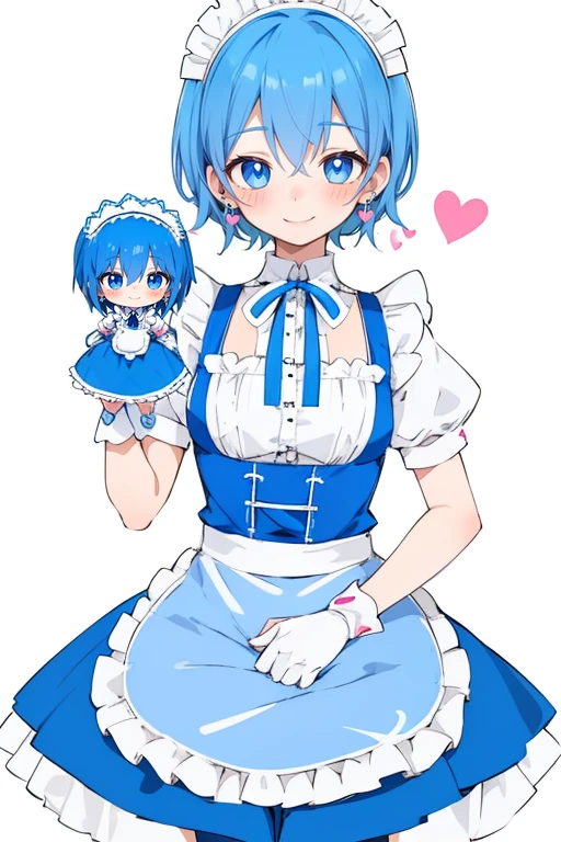 cute anime blue haired girl with pink doll and blue ribbon, maid, blue eyes, blue hair, maid headdress, apron, gloves, short hair, dress, heart, smile, white gloves, doll joints, jewelry, maid apron, joints, earrings, blush