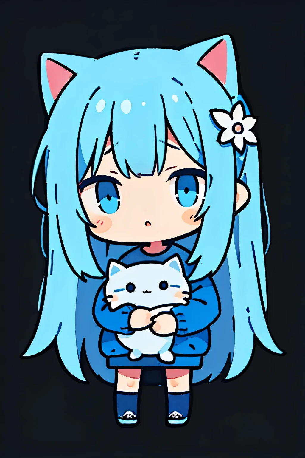This is an illustration,Depicts an anime style girl。She has blue hair and blue eyes,Wearing blue jeans and black shoes。In her hands she holds a white kitten,There are several kittens playing around。The background is light blue,Scattered with flowers of various colors,Gives people a dreamy and warm feeling