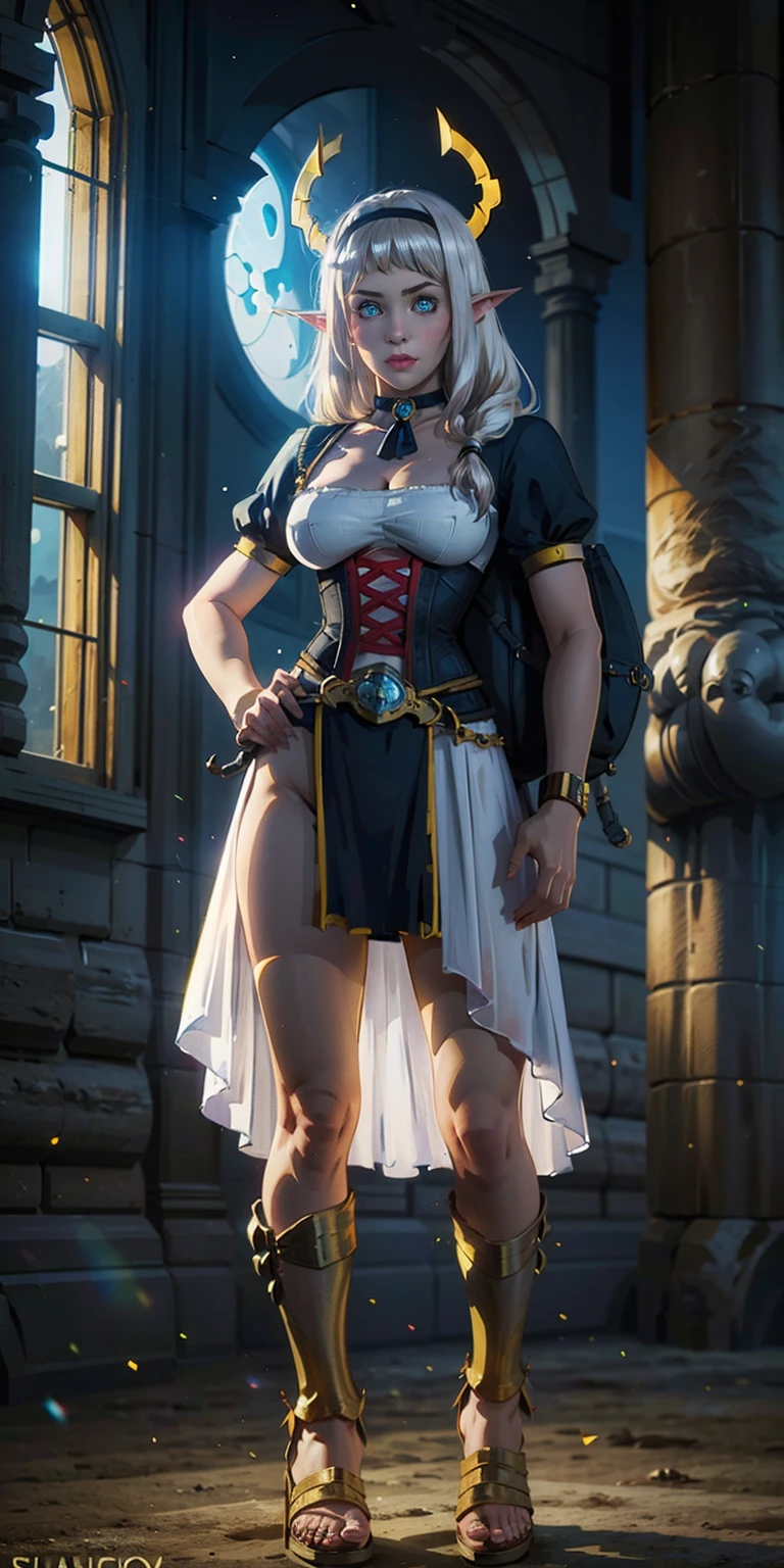 paladin lady in ornate golden armor, black collar, pauldrons, breastplate, corset, glowing halo, single braid, blonde, yellow glowing eyes, bright pupils, eye focus, red cape, temple indoors, stained glass windows, night, moonlight, particles, light beam, chromatic aberration, (full body, whole body. 1solo (girl). slave fighter, loincloth standing, hands on hips full body, whole body. 1solo (girl). slave fighter, loincloth standing, hands on hips, metal sandals, backpack, choker, big belt, view from below, feet together, bracers, tiara)