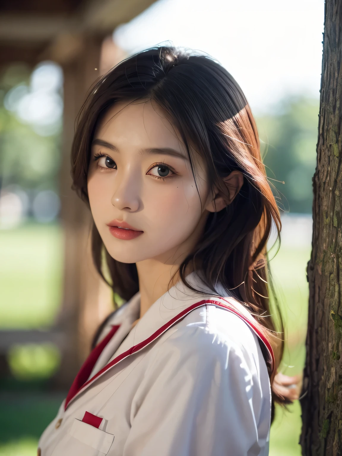 woman in a school uniform,half body shot,flowing hair,best quality,highres,on the outside of the school,focused and determined expression,vibrant colors,sunlight filtering through the trees,gentle breeze blowing her hair,meticulously detailed fabric and texture,impeccable stitching and buttons,pleats and folds in the uniform creating a sense of movement,highlighted contours and shading,realistic skin tones and subtle blush,crisp and clear lines,professional-grade rendering,subtle hint of nostalgia,soft pastel color palette,evoking a sense of tranquility,subtle lens flare adding a touch of whimsy,prominent shadows creating depth and dimension