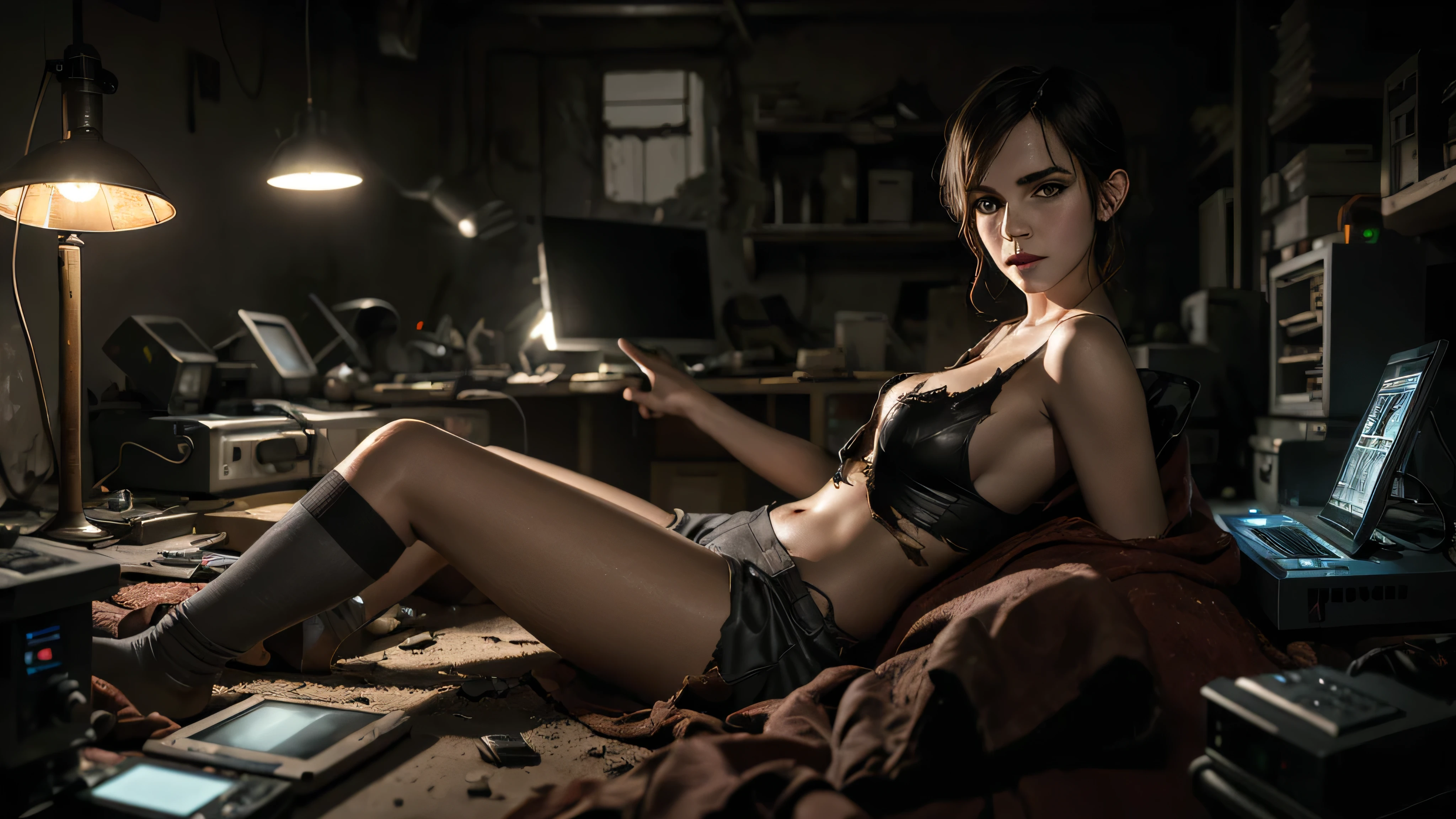 Emma Watson on a red bed in an apocalyptic wasteland environment, ripped dark grey leather clothes, detailed face, dreamy look, legs spread, very short dark worn socks, electronic lab tools on a workbench and computer parts laying around, screens show dark themed user interfaces, LEDs on several devices illuminate the room and show activity