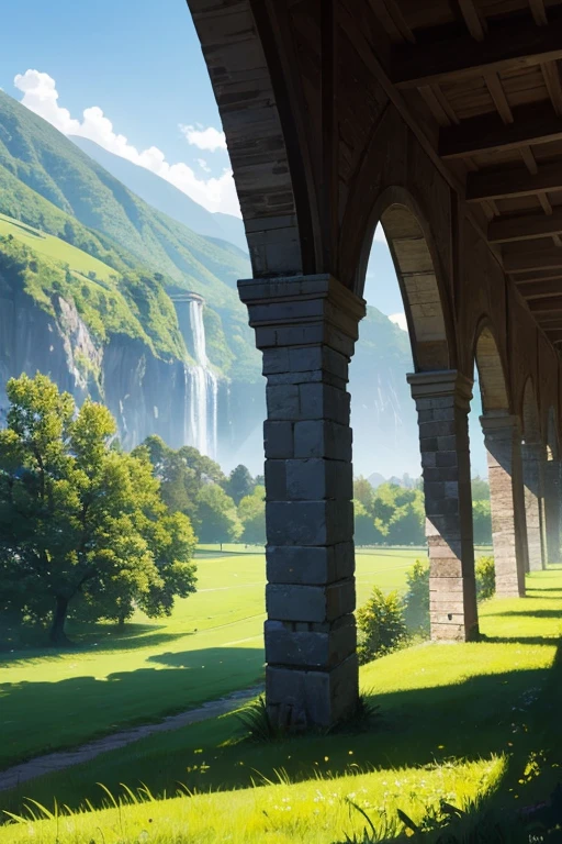 In a green meadow stands a roman aqueduct. BREAK Behind it, a green forest stretches out and beyond that, mountains rise in the distance. BREAK The most suitable effect for this scene would be a watercolor painting technique to capture the softness of the meadow and the fluidity of the movement.