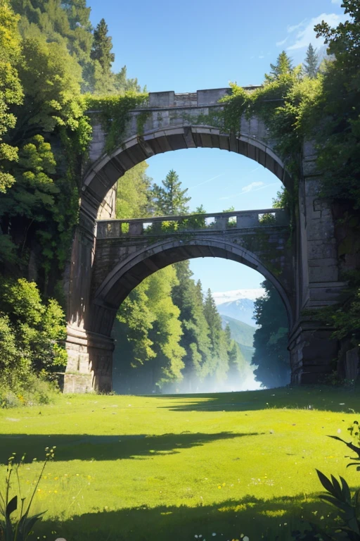 In a green meadow stands a roman aqueduct. BREAK Behind it, a green forest stretches out and beyond that, mountains rise in the distance. BREAK The most suitable effect for this scene would be a watercolor painting technique to capture the softness of the meadow and the fluidity of the movement.