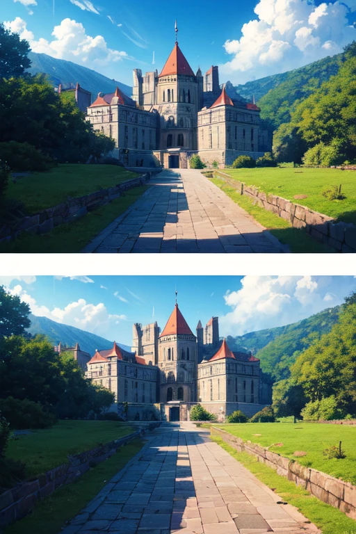 There is a castle with a red roof and a red roof, beautiful anime scenes, Anime landscapes, beautiful anime scenery, anime countryside landscape, anime movie backgrounds, anime scene, anime movie screenshot, anime beautiful peace scene, anime backgrounds, screenshot from the anime film, Today's featured anime stills, 2 0 1 9 anime screenshot, Anime background art