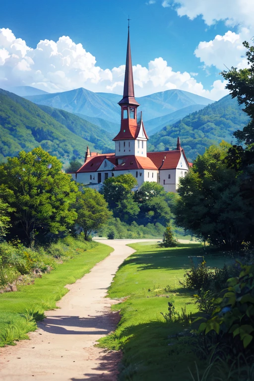 There is a castle with a red roof and a red roof, beautiful anime scenes, Anime landscapes, beautiful anime scenery, anime countryside landscape, anime movie backgrounds, anime scene, anime movie screenshot, anime beautiful peace scene, anime backgrounds, screenshot from the anime film, Today's featured anime stills, 2 0 1 9 anime screenshot, Anime background art