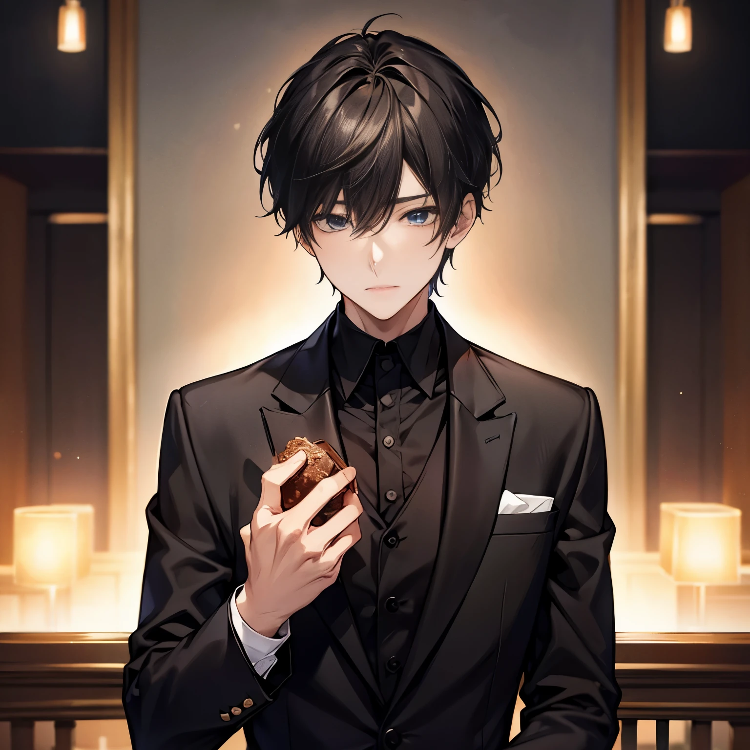 1 boy、black suit、restaurant、