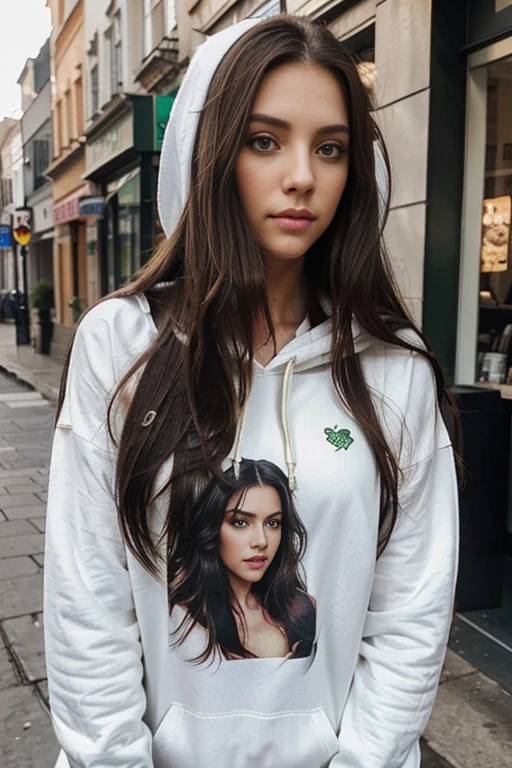 Brunette long hair, black long hair, emerald green eyes, big green eyes, cute nose, sexy lips, perfect face shape, 25 years old model,white hoodie outfit, selfie perspective perfect camera phone