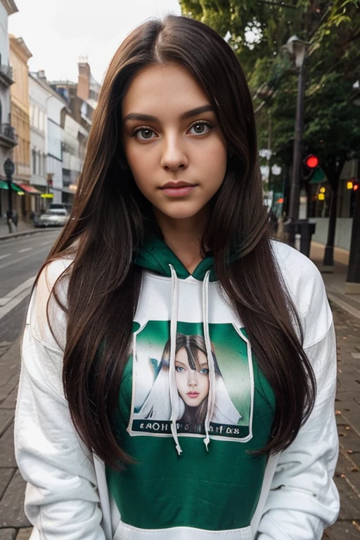 Brunette long hair, black long hair, emerald green eyes, big green eyes, cute nose, sexy lips, perfect face shape, 25 years old model,white hoodie outfit, selfie perspective perfect camera phone