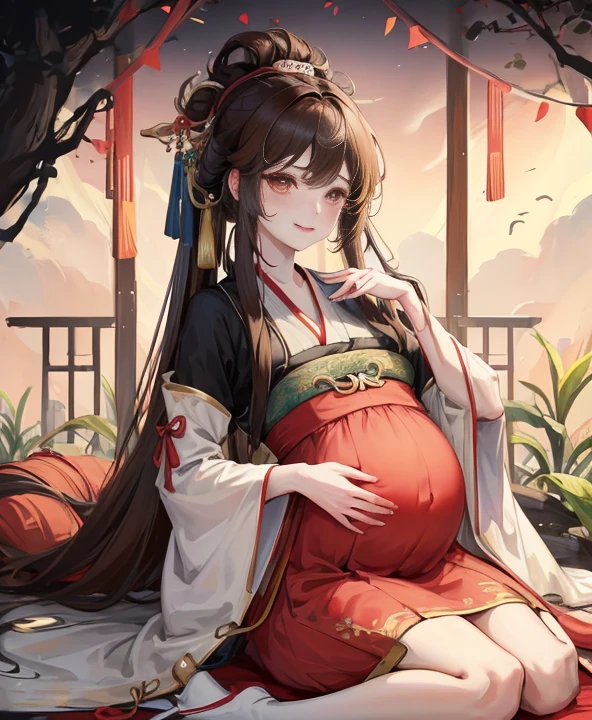 masterpiece, best quality, aldult, Chinese style,Pregnant ,China, elder sister, Smile, brown hair, princess cut, Full of motherhood,hanfu,Innocent,blush,Dignified yet lively,Mother,Put your hands on your belly,Full of motherhood,Sexy,charming,Graceful and luxurious,a thousand flavors,charming,With a royal air,long hair,With hairpins,long hanfu,beautiful,beautiful,A hand caressed his stomach,charming的,眼神charming的,charming的,Black,high and high,