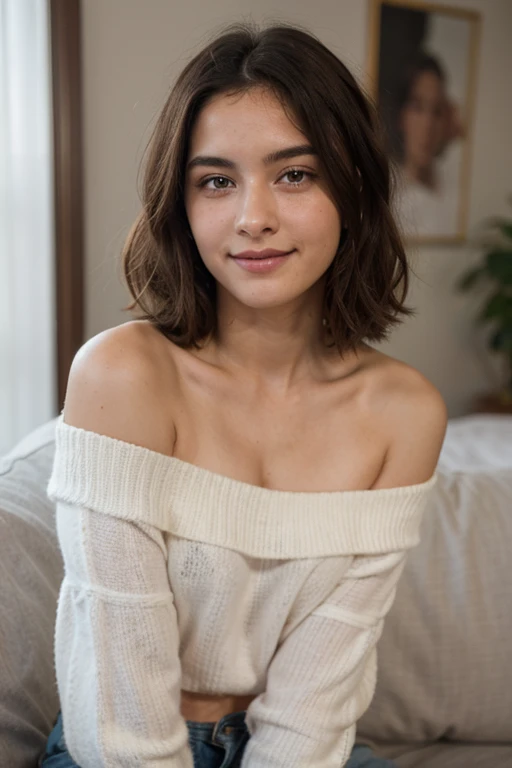 ((Mejor calidad)), ((obra maestra)), (detallado), cara perfecta, mandy kay, sonriente, off-shoulder sweater, cabello rizado, 18 years old, looking to the camera,primera plana, mirando de costado