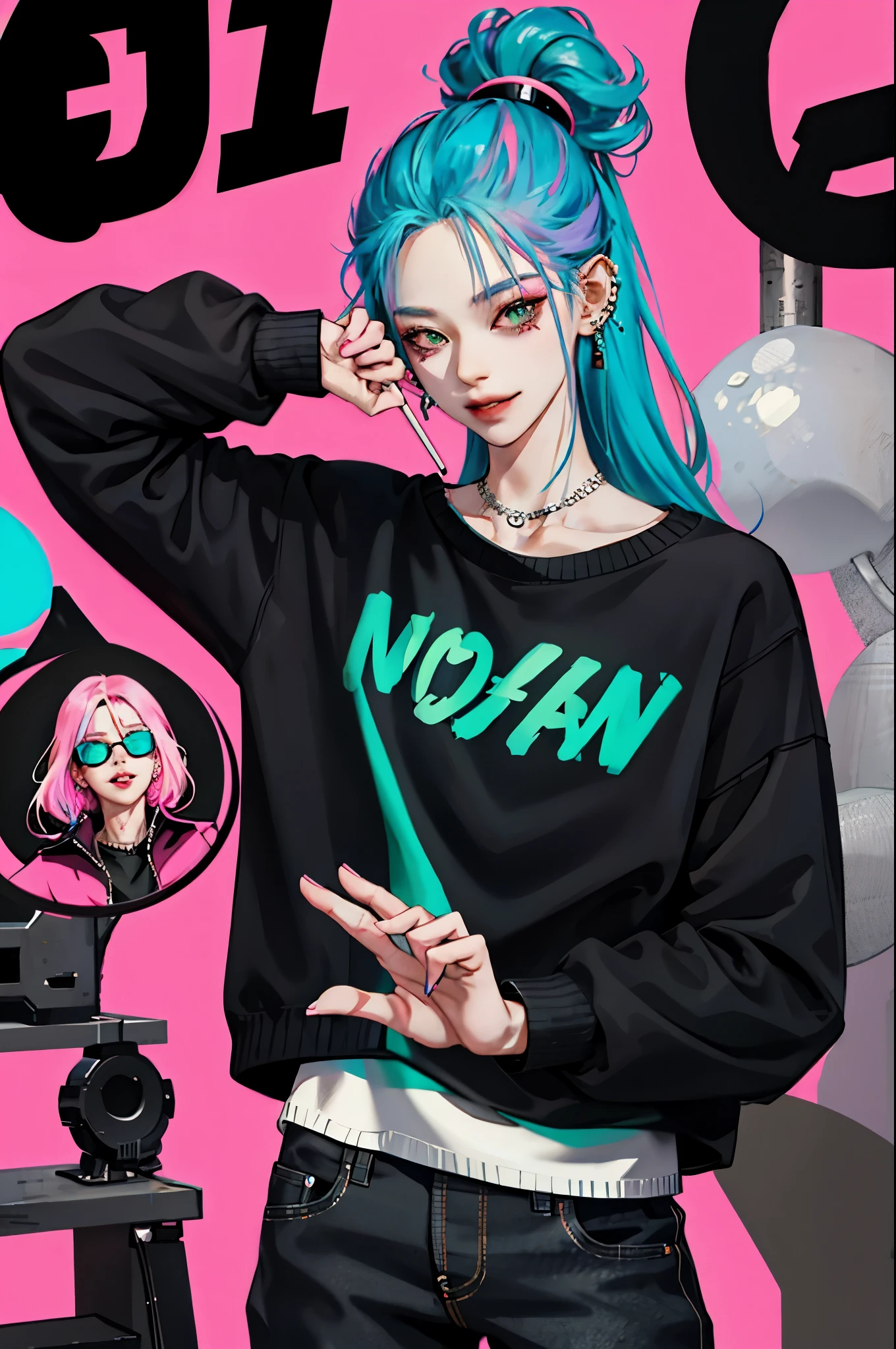 kpop girl with rizz smile face, bad ass, black,neon cyan pink hair, tattoos on hands and neck, piercing, black mixed green striped sweater, cool badass pose, smoke background, colorful smoke background