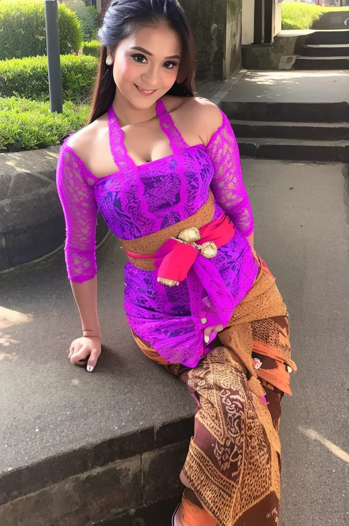 (Best quality, high resolution, Masterpiece: 1.3), a beautiful woman with a slender figure, (dark brown layered hairstyle), wearing a pendant, ((kebaya_bali)) outdoors, scenic beauty, with the background of traditional ceremonies, details in face and skin texture beautifully rendered, details eyes, (best quality, high resolution, masterpiece: 1.3), a beautiful woman with a slim figure, (dark brown layered hairstyle),((kebaya_bali)), outdoors, with the background of traditional ceremonies, details in face and skin texture beautifully rendered, detail eyes, double eyelids, seductive laugh, feminine laugh, seductive pose